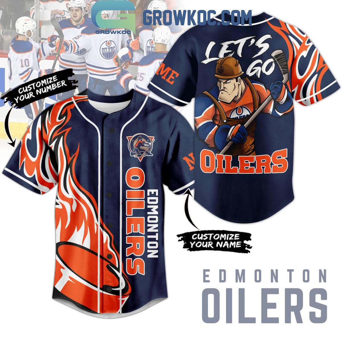 Edmonton Oilers Let’s Go Oilers Flame Personalized Baseball Jersey