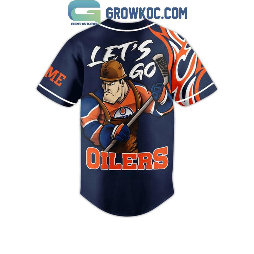 Edmonton Oilers Let’s Go Oilers Flame Personalized Baseball Jersey