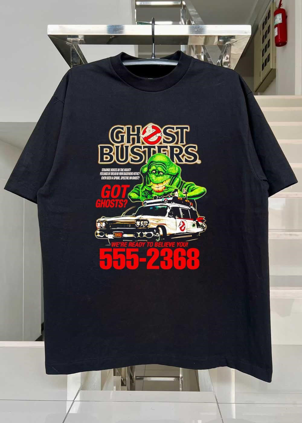 Ghostbusters Slimer and Ecto 1 Got Ghosts Strange Noises Feelings of Dread Ever Seen a Spook Spectre or Ghost We Are Ready to Believe You 555 2368 T-Shirt