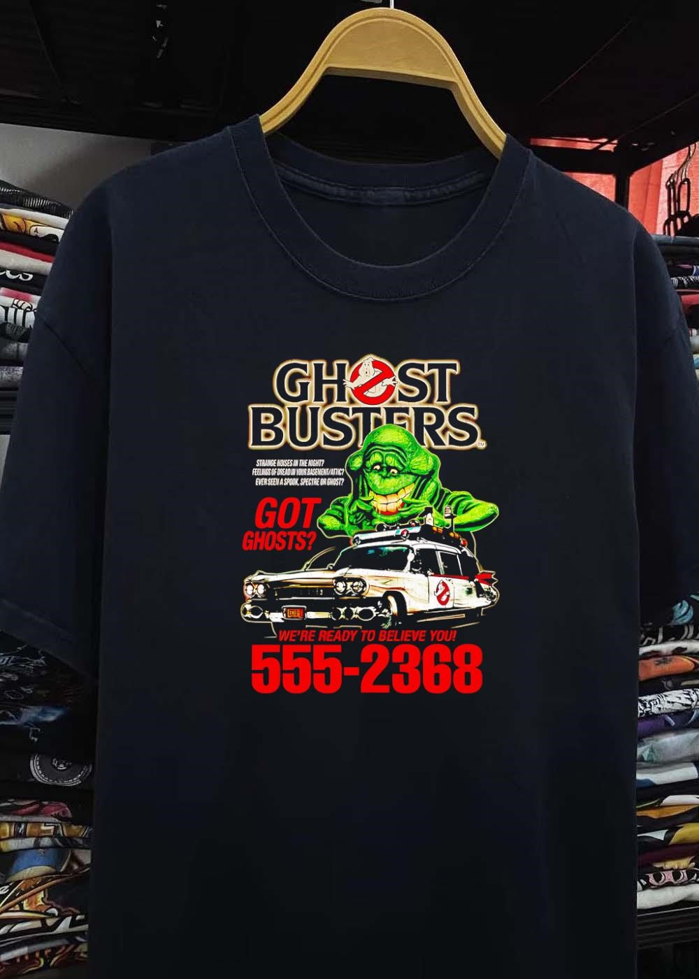 Ghostbusters Slimer and Ecto 1 Got Ghosts Strange Noises Feelings of Dread Ever Seen a Spook Spectre or Ghost We Are Ready to Believe You 555 2368 T-Shirt