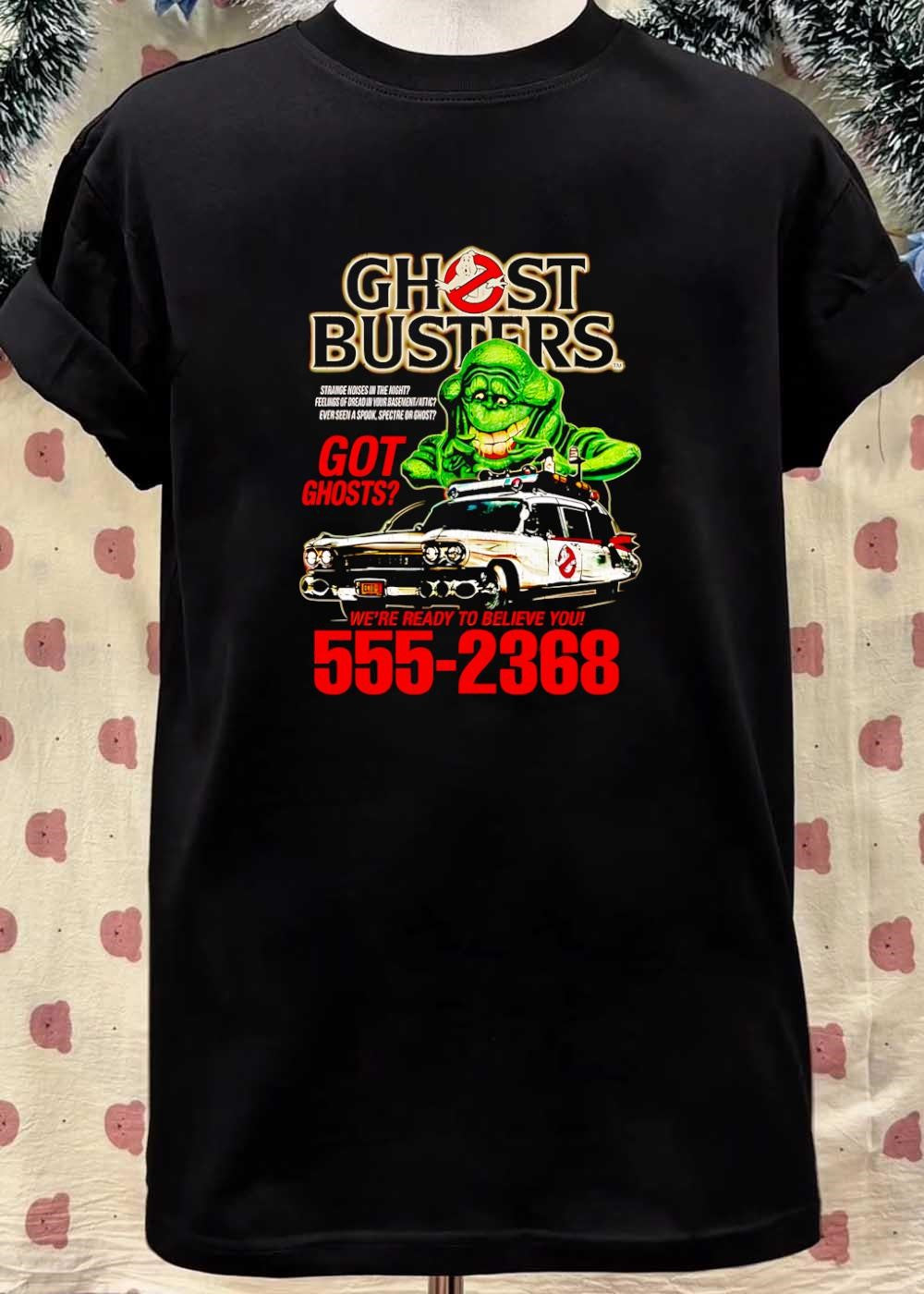 Ghostbusters Slimer and Ecto 1 Got Ghosts Strange Noises Feelings of Dread Ever Seen a Spook Spectre or Ghost We Are Ready to Believe You 555 2368 T-Shirt