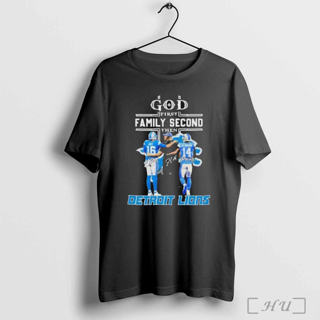 God First Family Second Then Detroit Lions Dan Campbell Amon Ra St Brown And Jared Goff T-Shirts, Hoodie, Sweatshirt