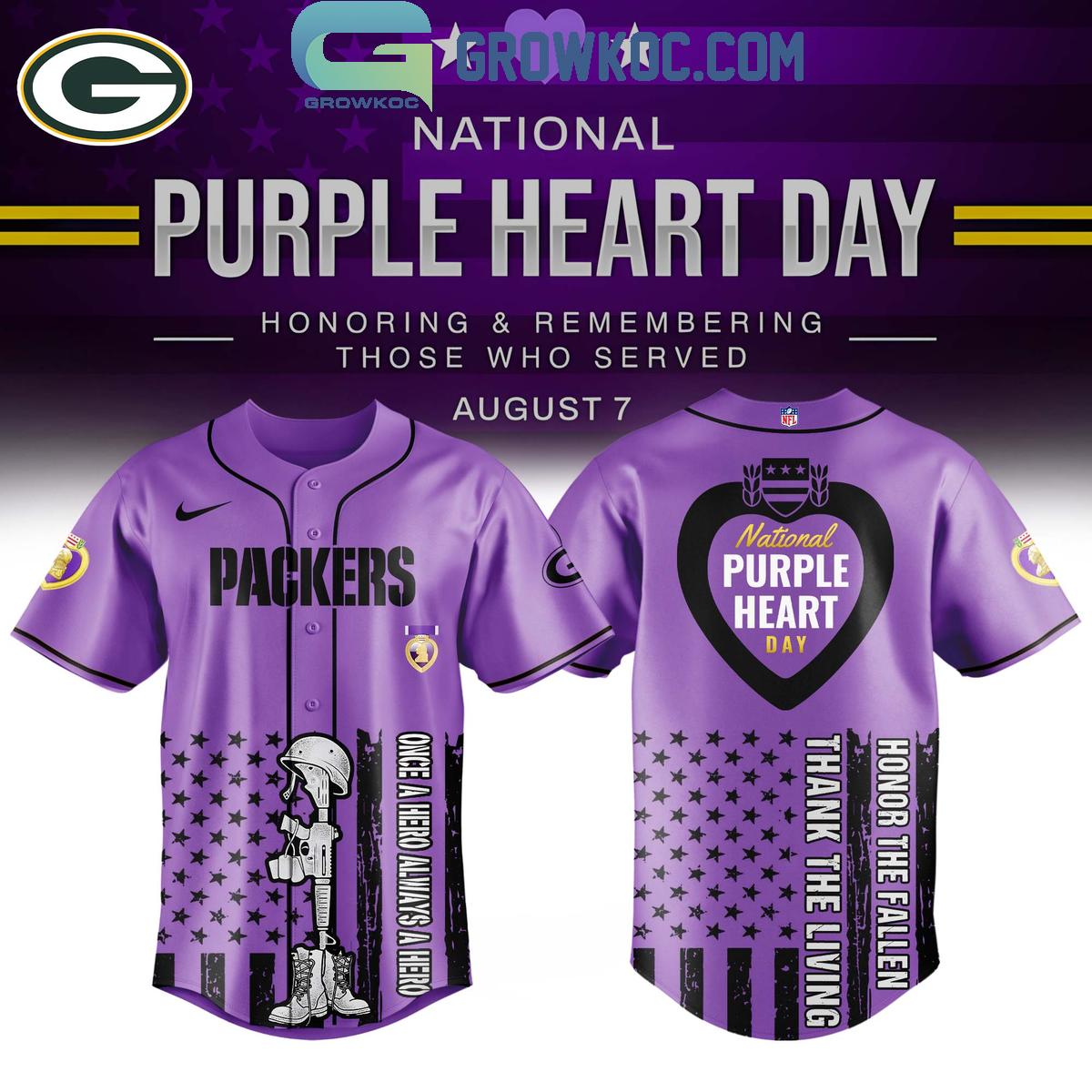 Green Bay Packers Purple Heart Day 2025 Baseball Jersey