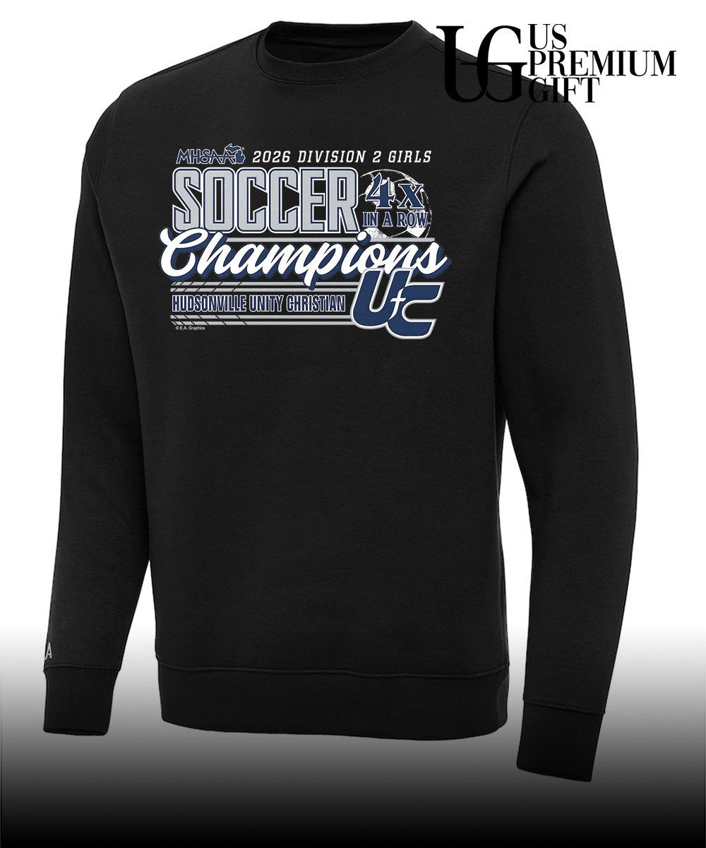 Hudsonville Unity Christian MHSAA Girls Soccer D2 4x in a Row Champions 2026 shirt