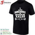 I Live Dangerously on Stock Axles off-road text shirt