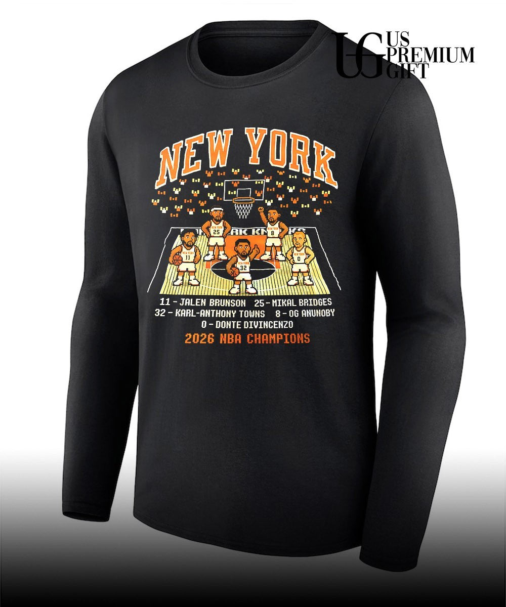 Jalen Brunson Mikal Bridges Karl-Anthony Towns OG Anunoby Donte DiVincenzo New York 2026 NBA Champions 8 bit shirt