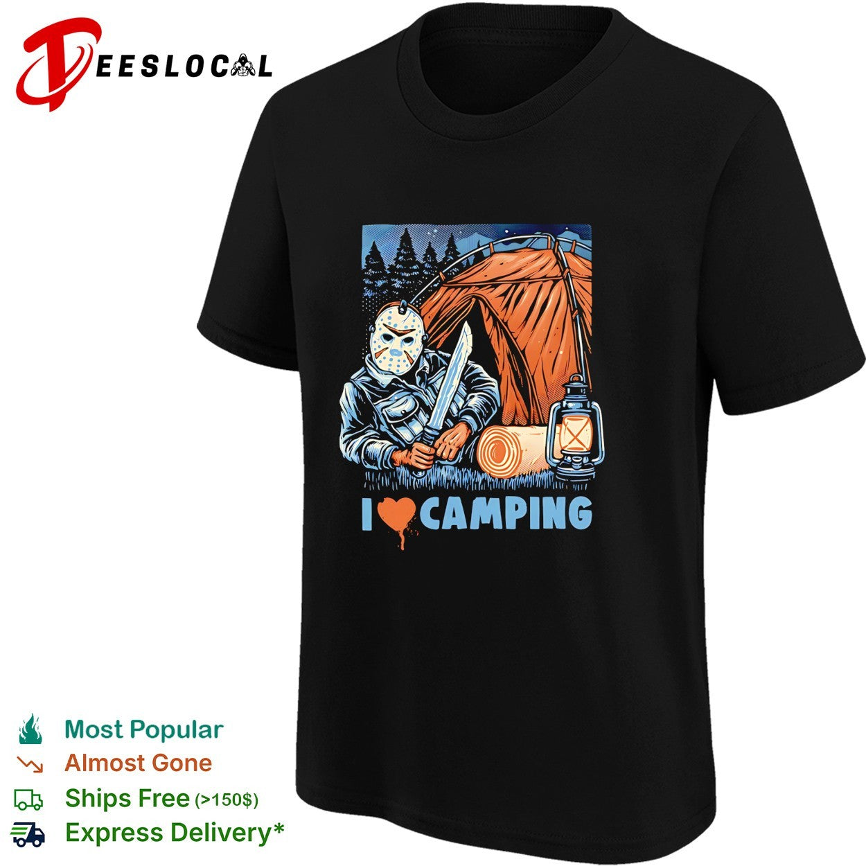 Jason Voorhees holding knife I love camping shirt