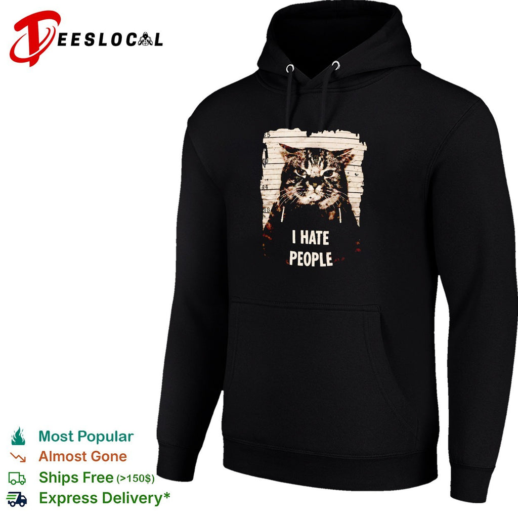 Jeff Satur wearing cat mugshot I hate p[eople shirt