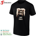 Jeff Satur wearing cat mugshot I hate p[eople shirt