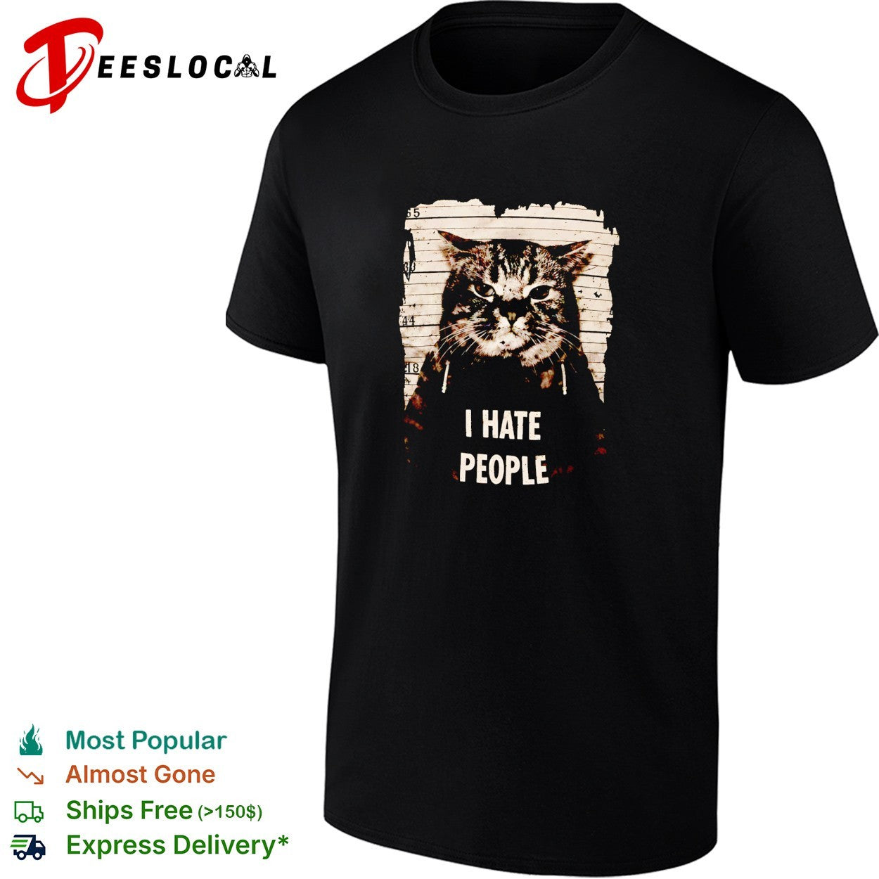 Jeff Satur wearing cat mugshot I hate p[eople shirt