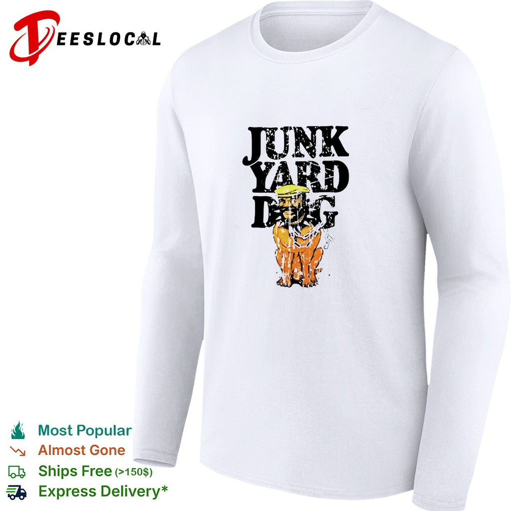 Junkyard dog wearing hat cartoon shirt