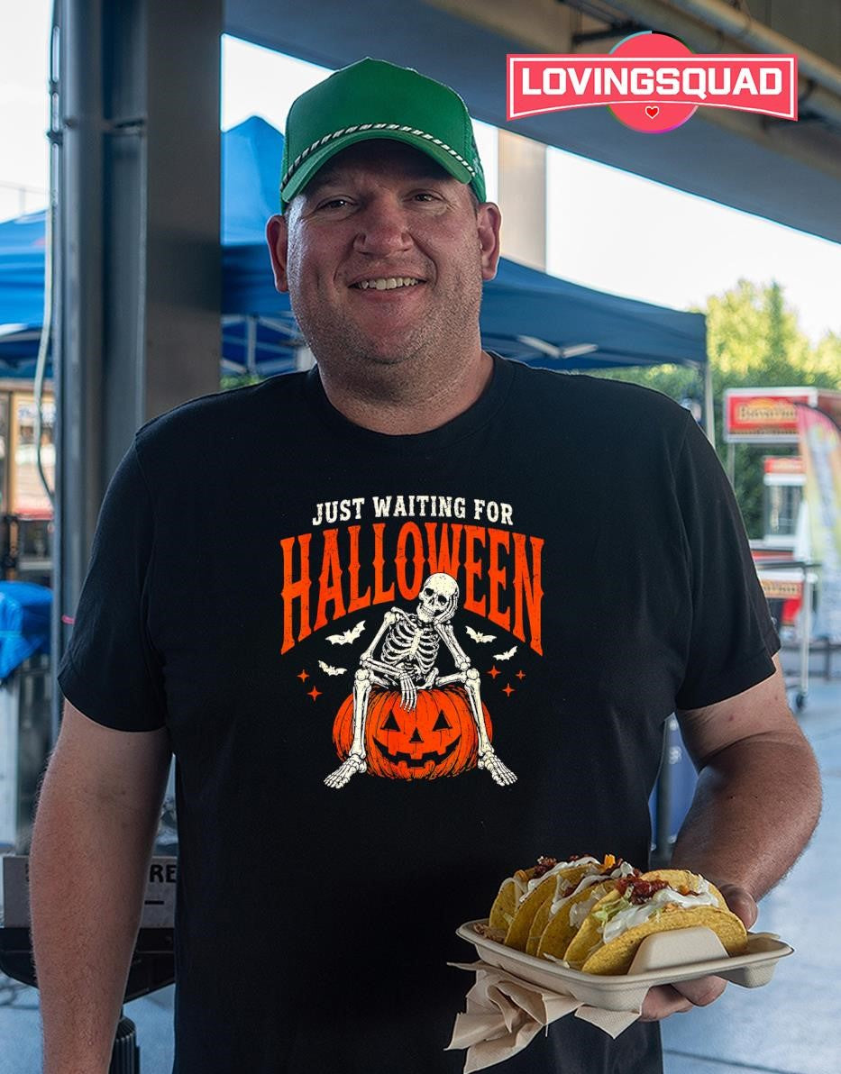 Just Waiting for Halloween Funny Skeleton Coffee Pumpkin T-Shirt