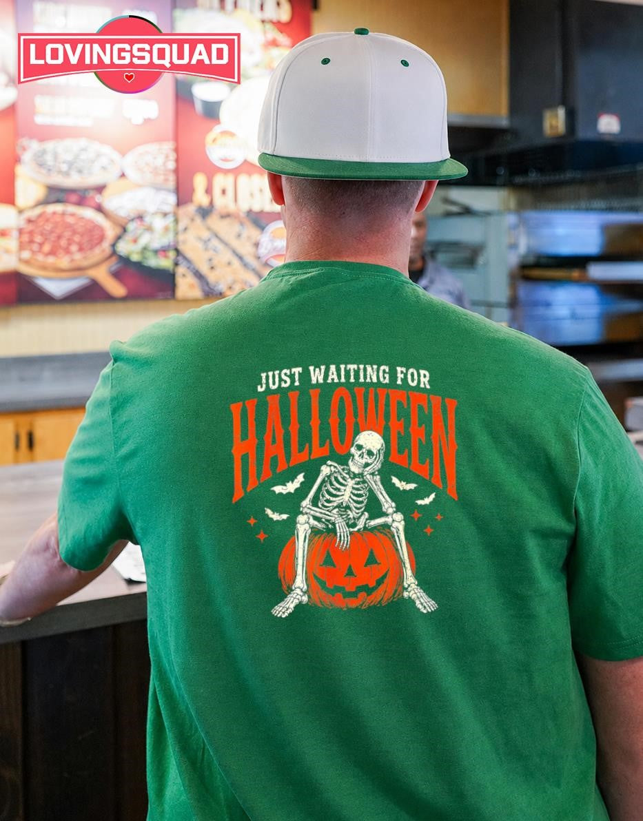 Just Waiting for Halloween Funny Skeleton Coffee Pumpkin T-Shirt