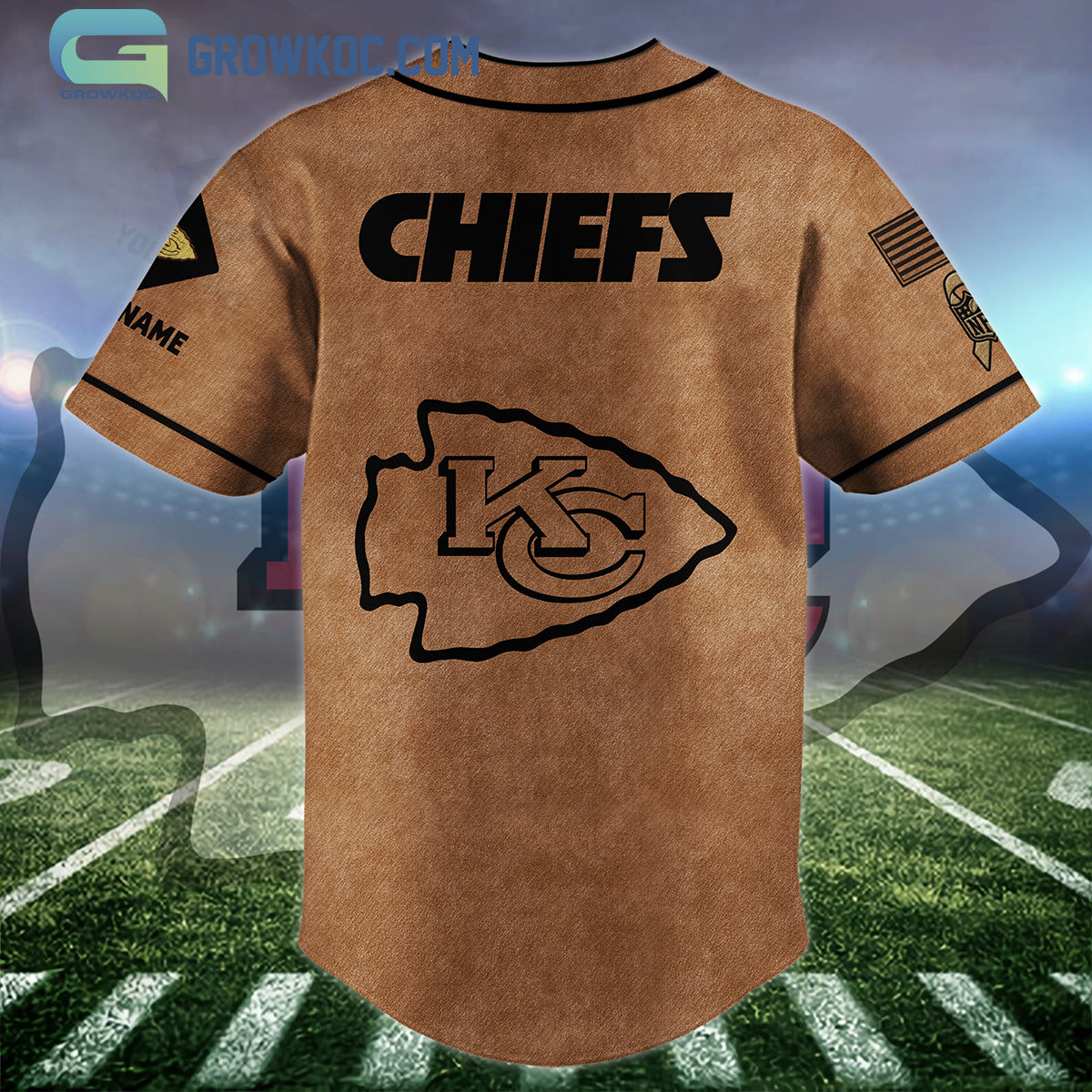 Kansas City Chiefs Brown American Flag Personalized Baseball Jersey