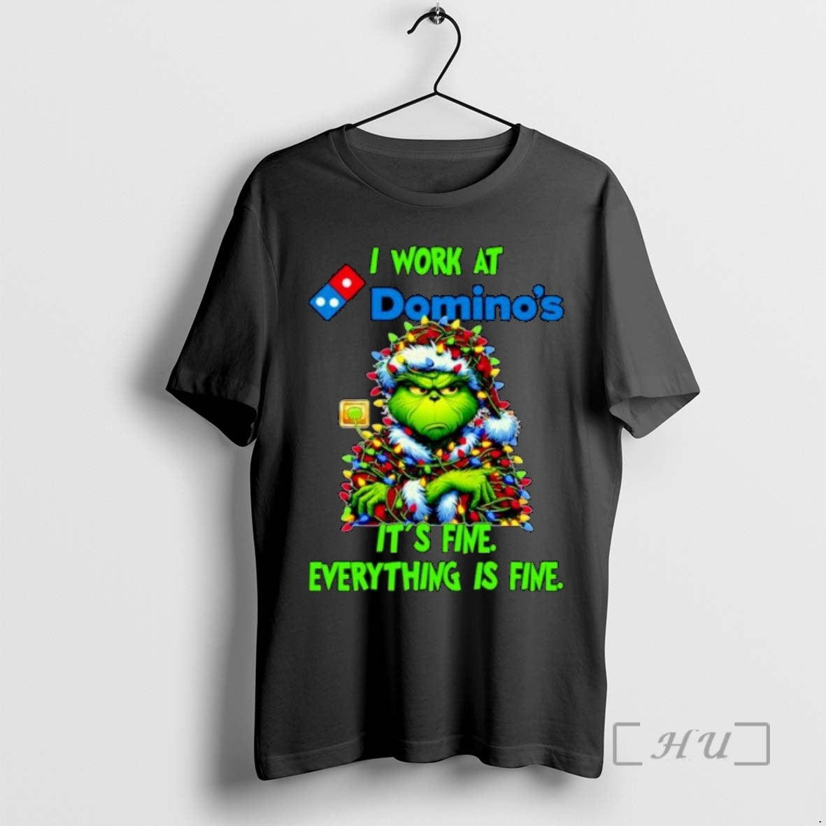 Limited Edition Grinch Santa I Work At Dominos Its Fine Everything Is Fine Christmas Lights T-Shirts, Hoodie, Sweatshirt