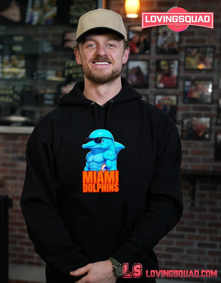 Miami Dolphins Fins Up Muscular Cartoon Mascot Sunglasses Tattoo T-Shirt