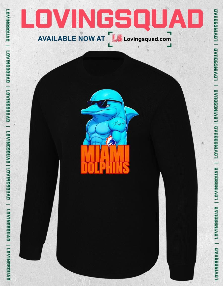 Miami Dolphins Fins Up Muscular Cartoon Mascot Sunglasses Tattoo T-Shirt