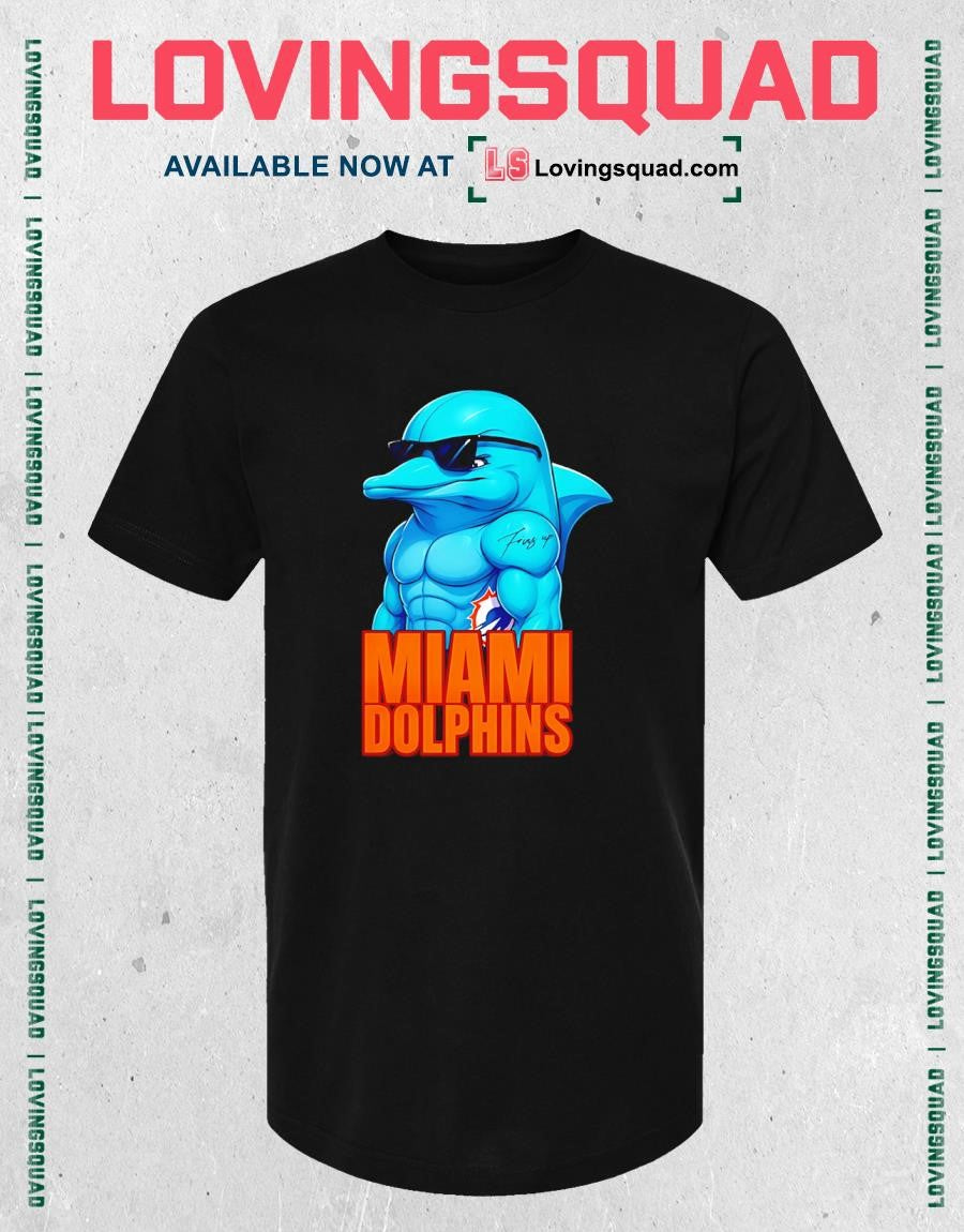 Miami Dolphins Fins Up Muscular Cartoon Mascot Sunglasses Tattoo T-Shirt