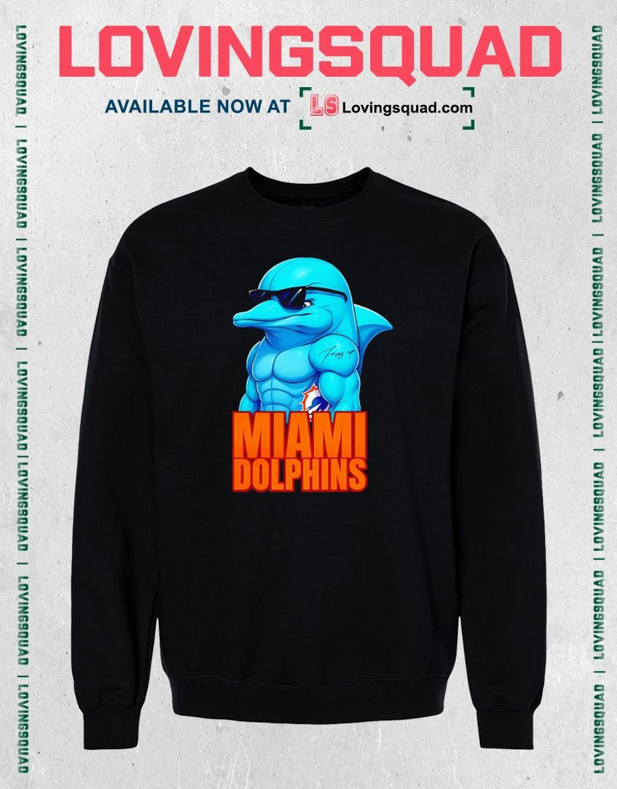Miami Dolphins Fins Up Muscular Cartoon Mascot Sunglasses Tattoo T-Shirt