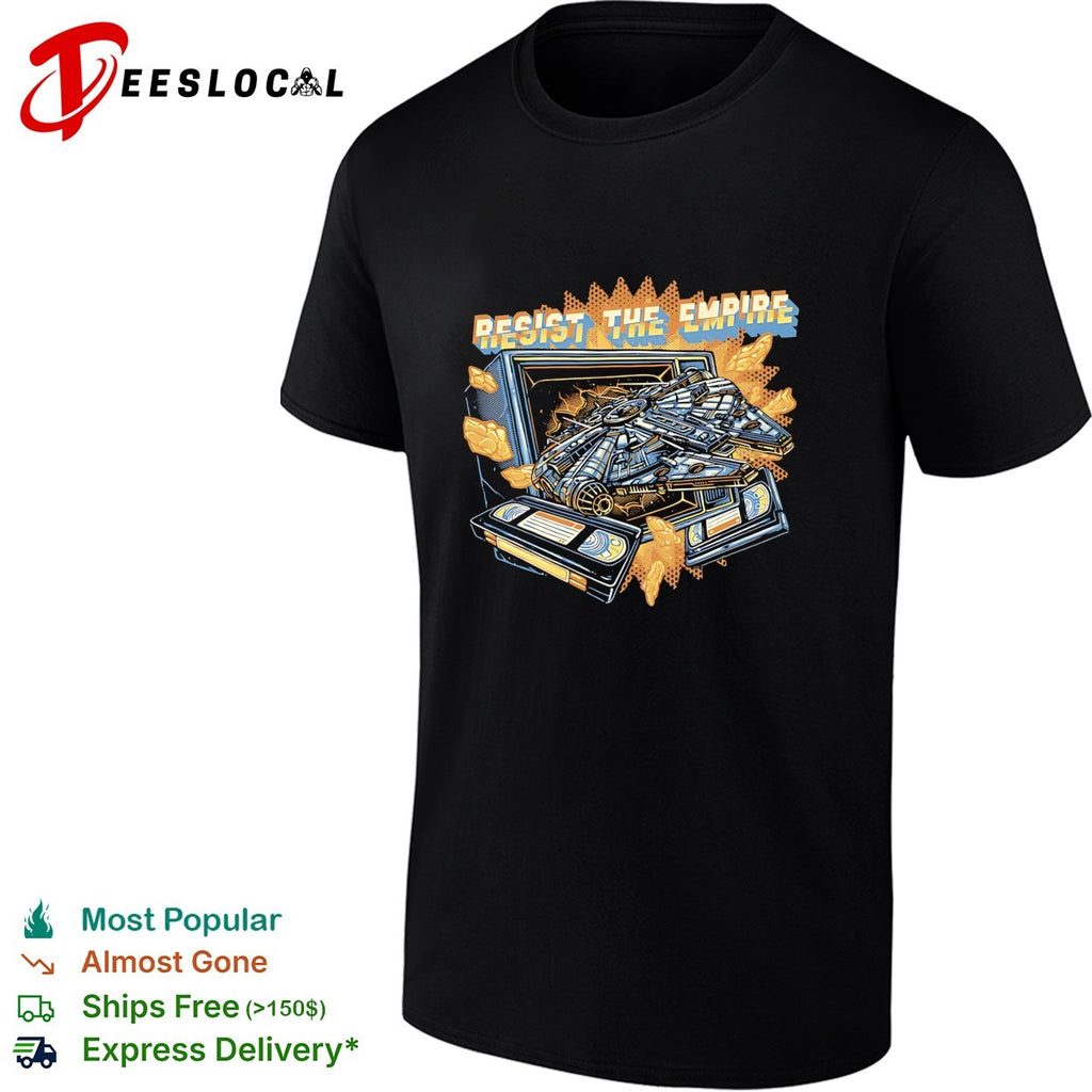 Millennium Falcon bursting through TV resist the empire shirt