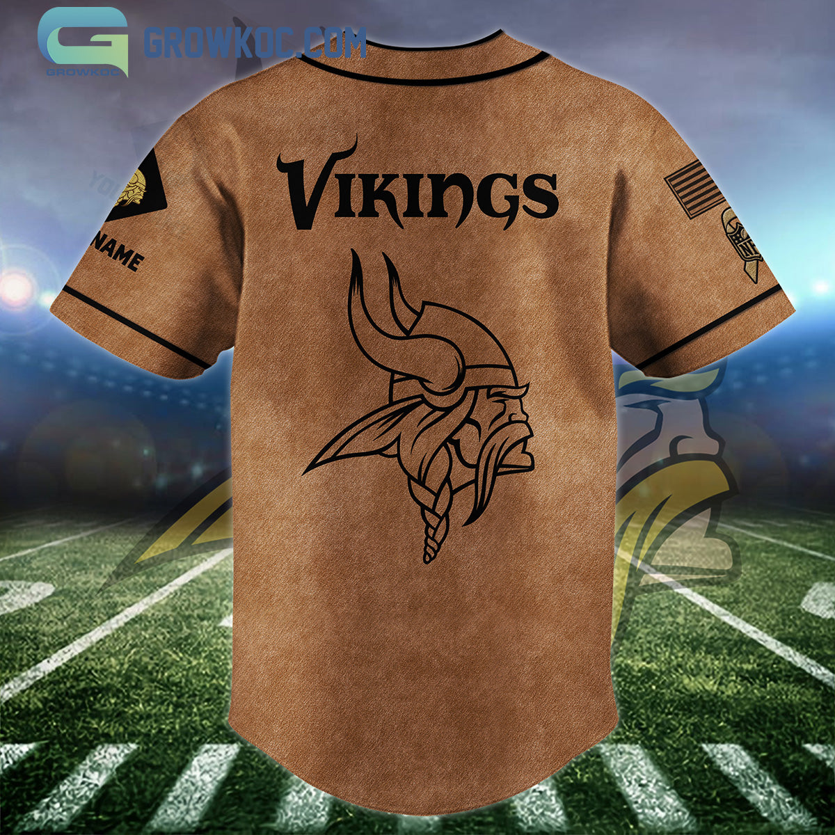 Minnesota Vikings Brown American Flag Personalized Baseball Jersey