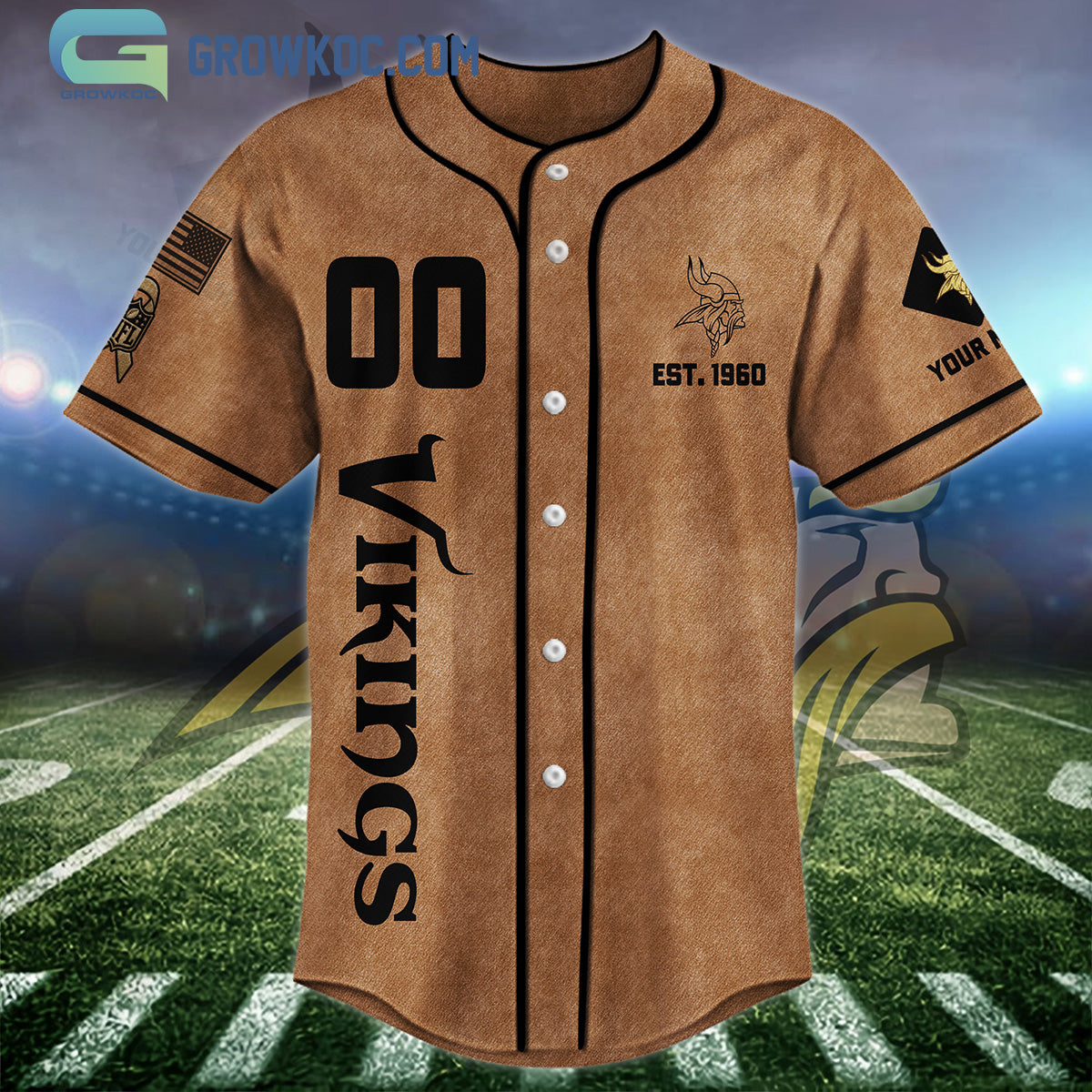 Minnesota Vikings Brown American Flag Personalized Baseball Jersey