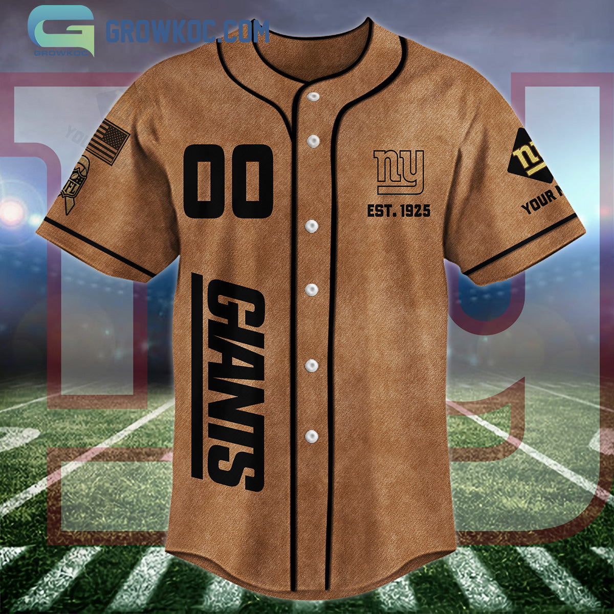 New York Giants Brown American Flag Personalized Baseball Jersey