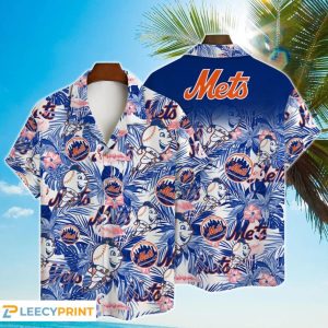 New York Mets Major League Baseball Mascot And Hibiscus Pattern 3D Print Hawaiian Shirt For Fans, New York Mets Hawaiian Shirt