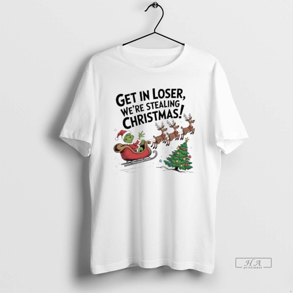 Official Grinch In A Sleigh Reindeer Get In Loser Were Stealing Christmas T-Shirts, Hoodie, Sweatshirt | InkRitualCo.com