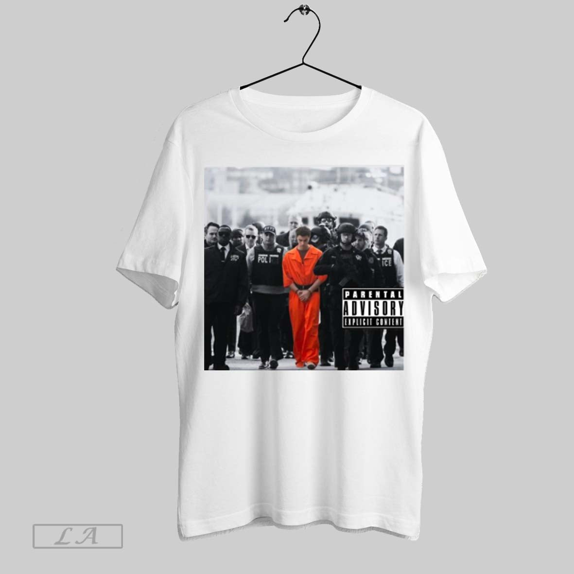 Official Luigi Mangione Arrives At A Helicopter Pad With Police Parental Advisory Explicit Content Poster T-Shirts,...