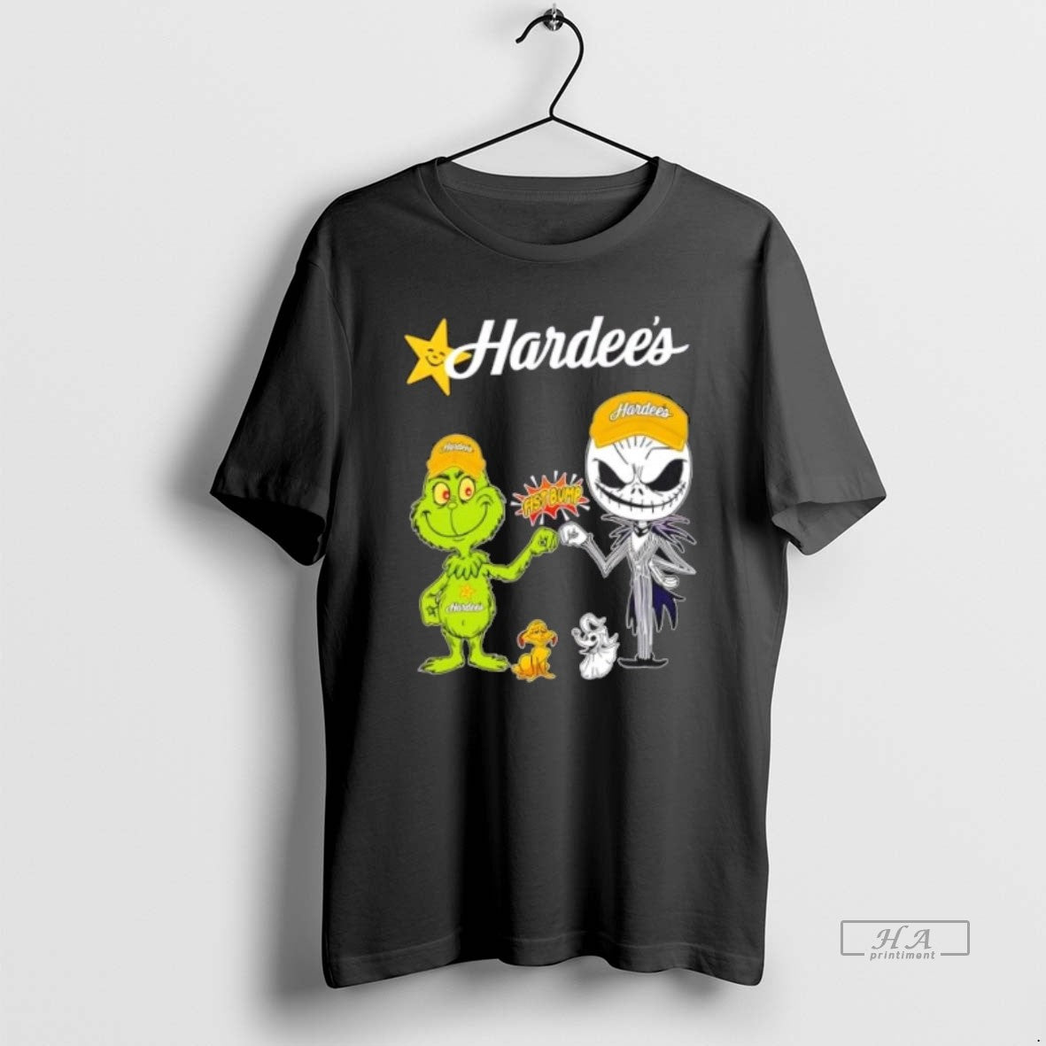 Official Trendy Hardees X Grinch And Jack Skellington Fist Bump Uniwilling Friends T-Shirts, Hoodie, Sweatshirt
