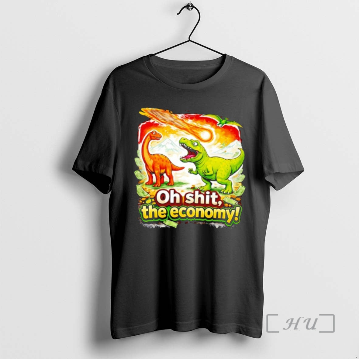 Officials Brontosaurus And T Rex As A Meteor Falls Oh Sht The Economy Premium T-Shirts, Hoodie, Sweatshirt | InkRitualCo.com