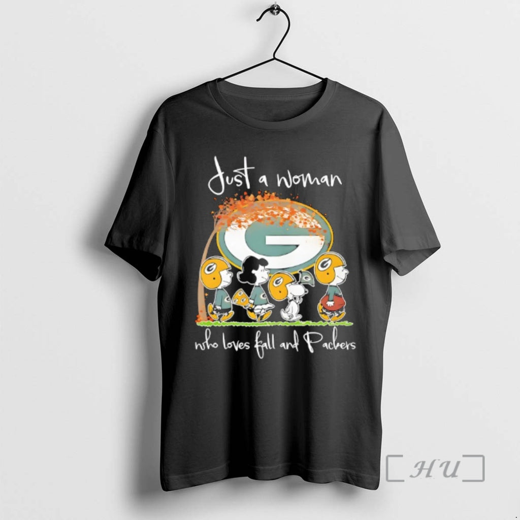 Officials Peanuts Green Bay Packers Just A Woman Who Loves Fall And Packers Premium T-Shirts, Hoodie, Sweatshirt