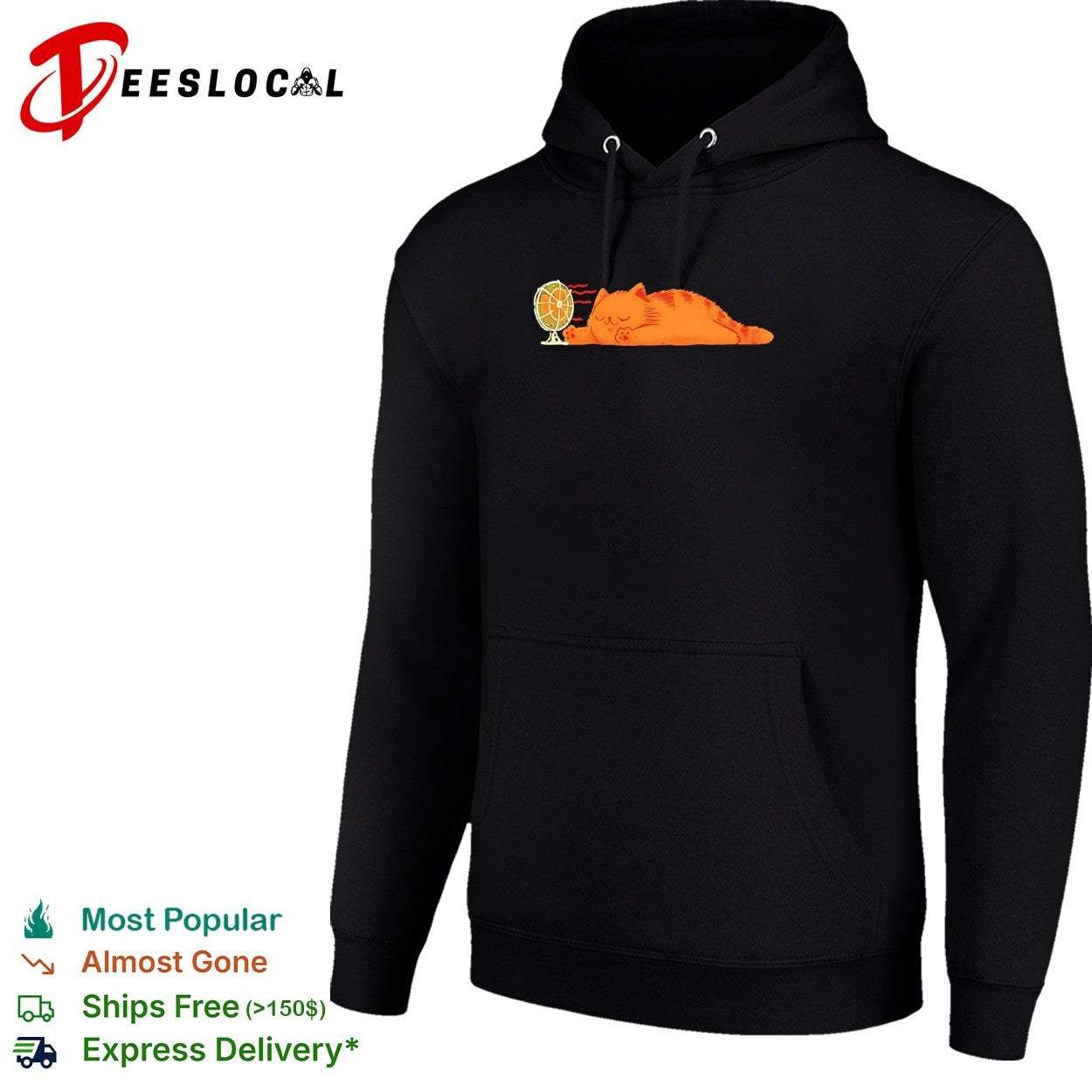 Orange cat lying in front of fan shirt