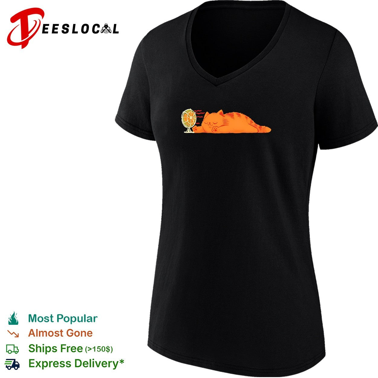 Orange cat lying in front of fan shirt