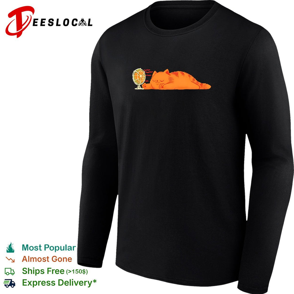 Orange cat lying in front of fan shirt