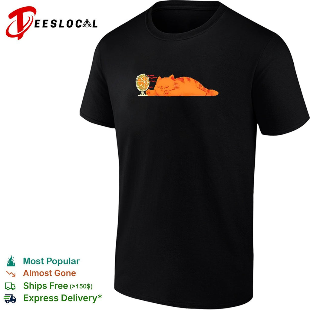 Orange cat lying in front of fan shirt