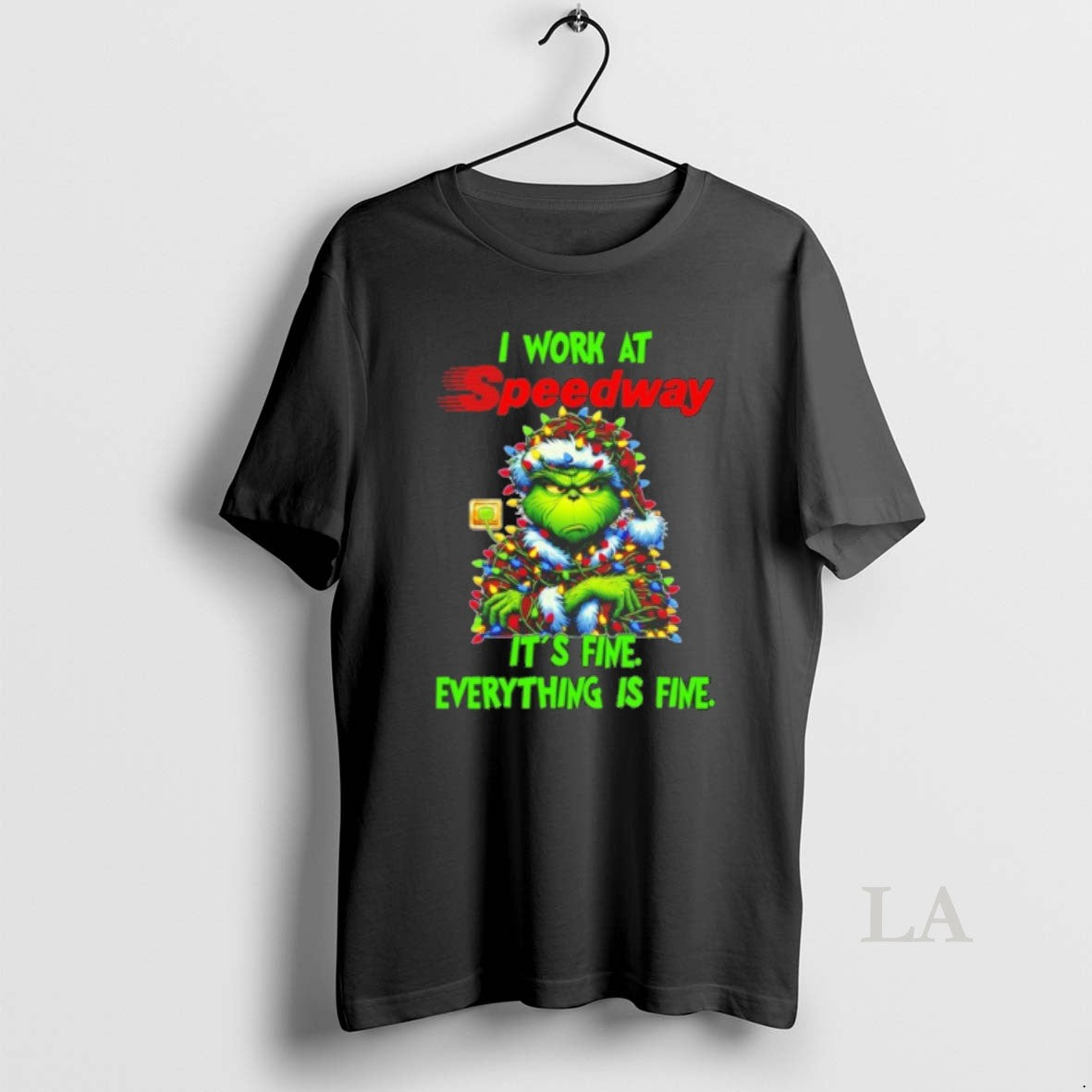 Original Grinch Santa I Work At Speedway Its Fine Everything Is Fine Christmas Lights T-Shirts, Hoodie, Sweatshirt