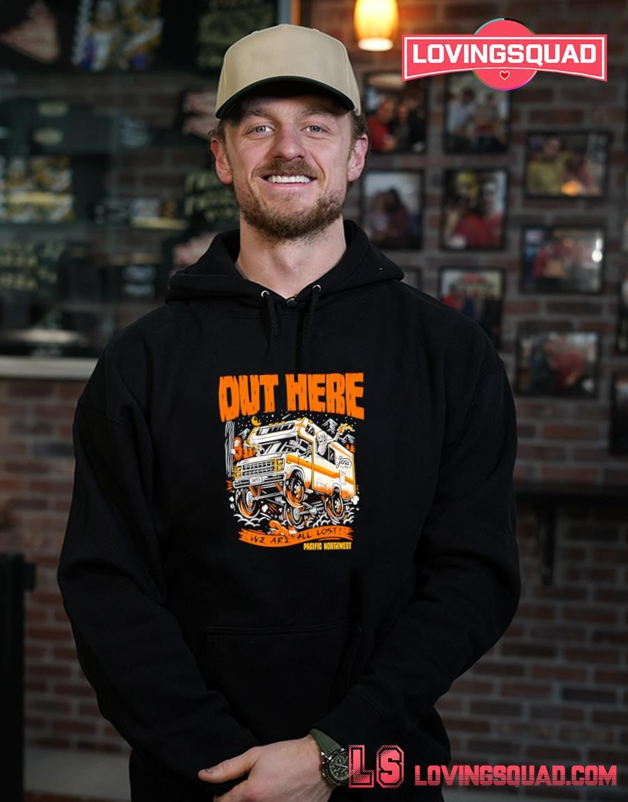 Out Here We Are All Lost Pacific Northwest Skeleton Camper T-Shirt
