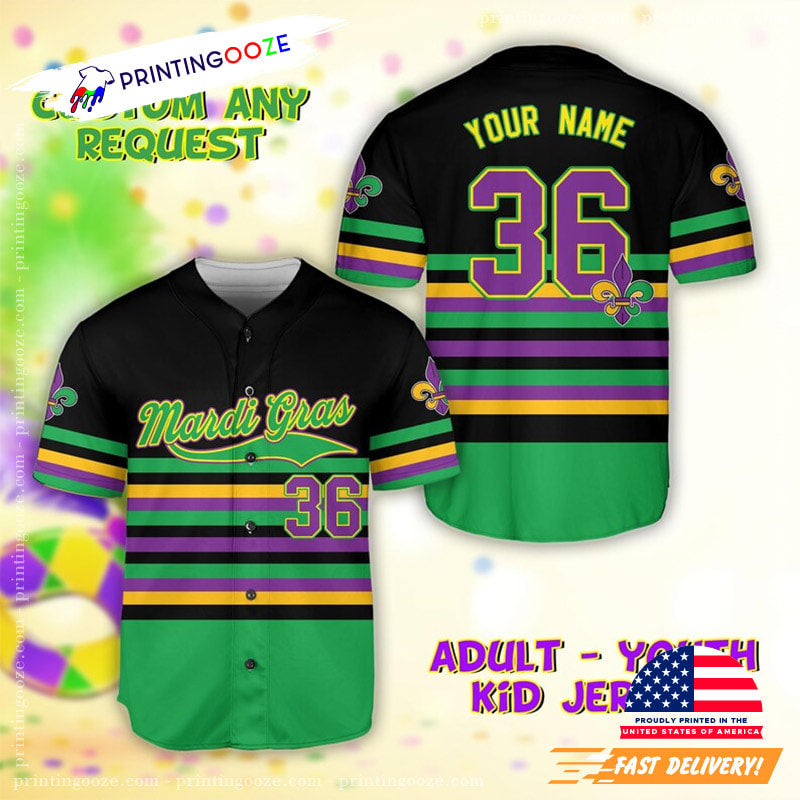 Personalized Name Fat Tuesday Mardi Gras Baseball Jersey