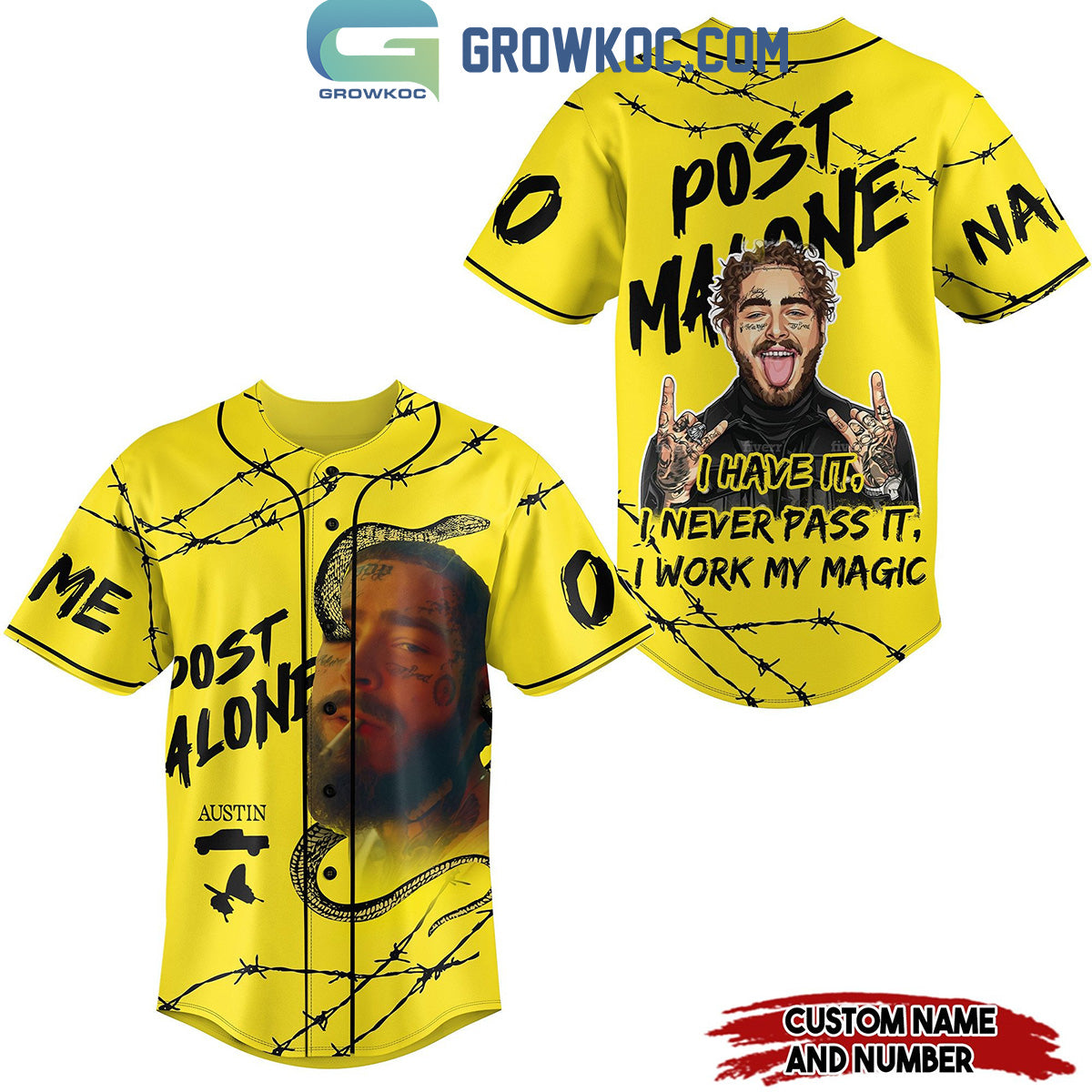Post Malone I Have It I Work My Magic Personalized Baseball Jersey Yellow Design