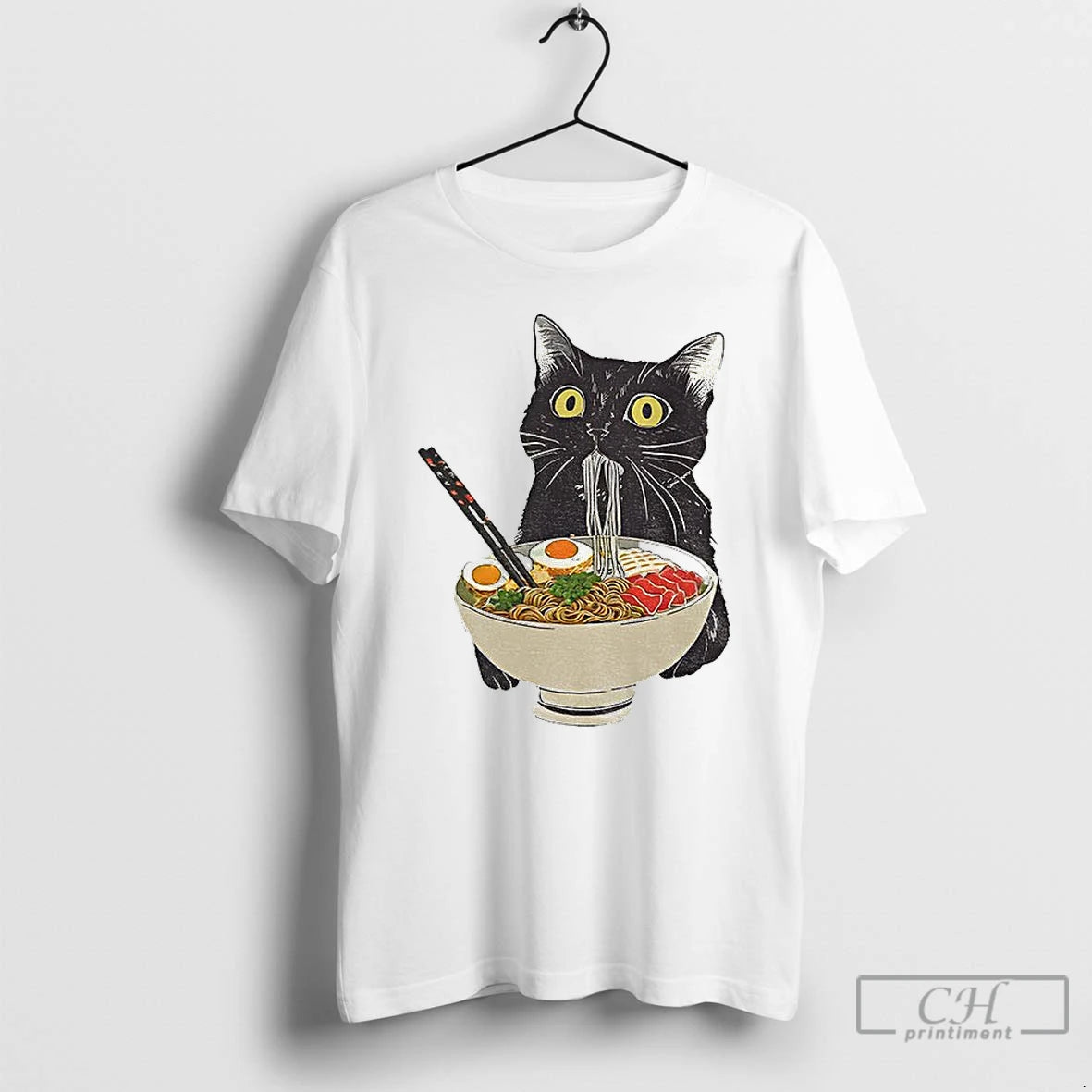 Premium Black Cat Eating Ramen Japan T-Shirts, Hoodie, Sweatshirt | InkRitualCo.com