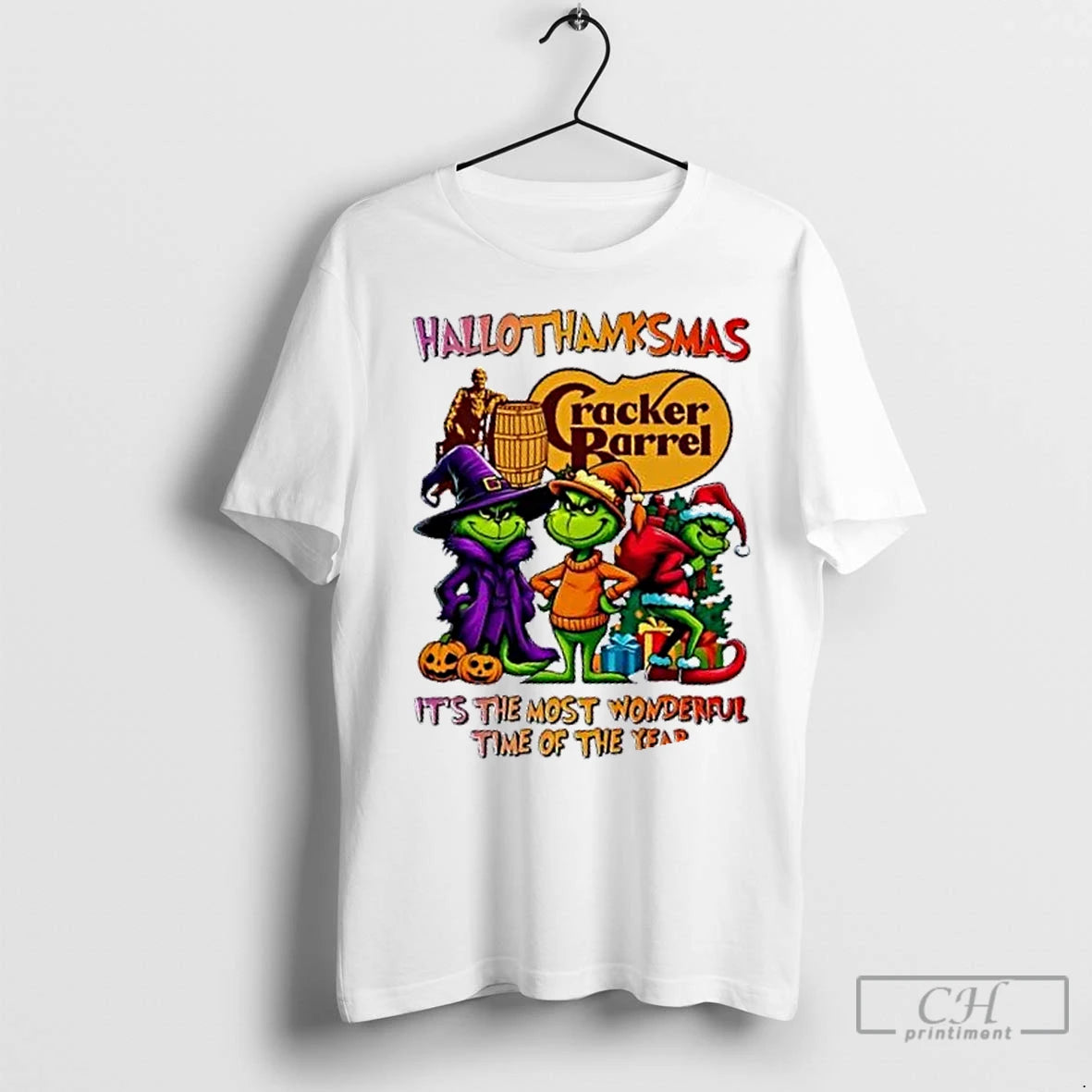 Premium Grinch X Cracker Barrel Its The Most Wonderful Time Of The Year Happy Hallothanksmas T-Shirts, Hoodie, Sweatshirt