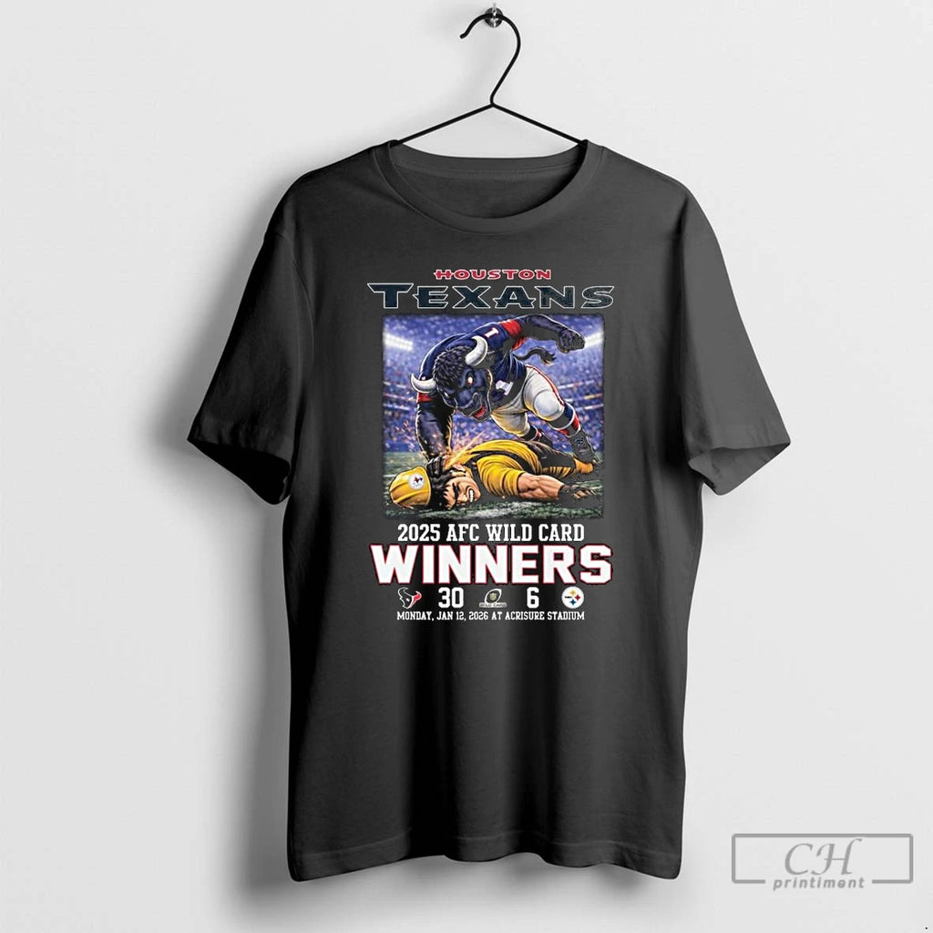 Premium Houston Texans 2025 Afc Wild Card Winners Score 30 6 Mascot T Shirts Sweater Hoodie, Sweatshirt | InkRitualCo.com