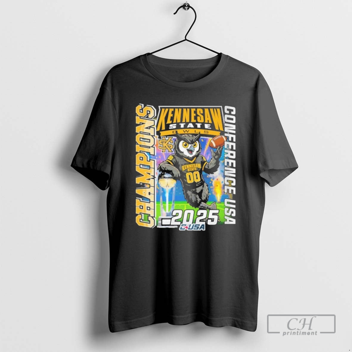 Premium Kennesaw State Owls 2025 Conference Usa Champions Mascot Trophy Shirt Sweater Hoodie, Sweatshirt | InkRitualCo.com