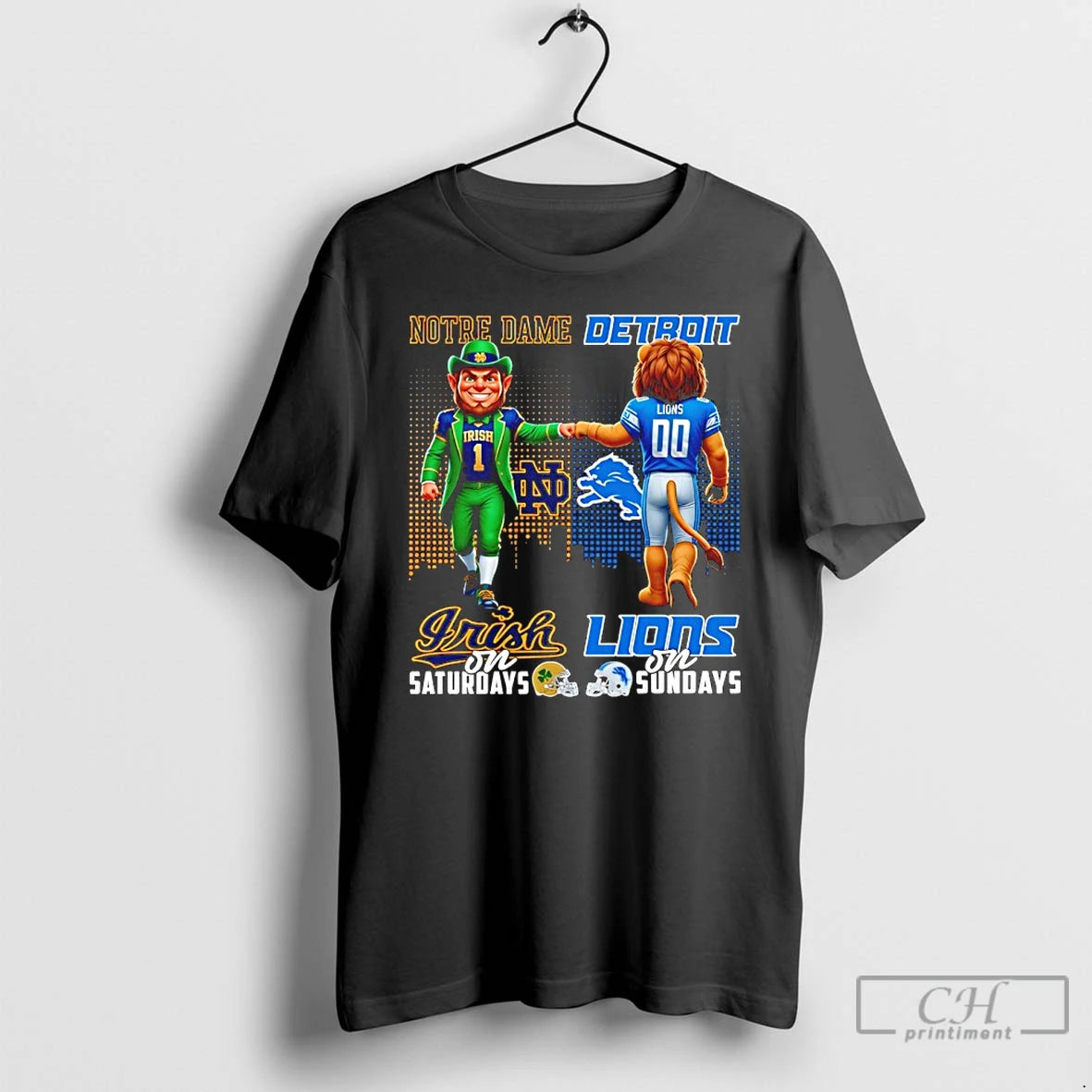 Premium Notre Dame Fighting Irish On Saturdays Vs Detroit Lions On Sundays Mascot Skyline T-Shirts, Hoodie, Sweatshirt