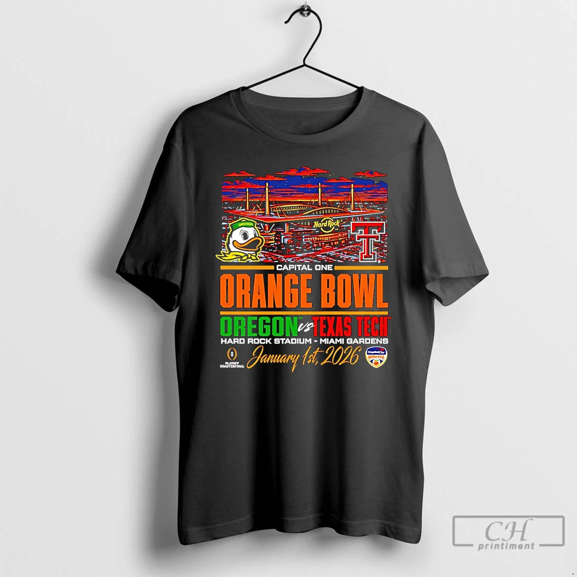Premium Oregon Vs Texas Tech Cfp 26 Orange Bowl City Skyline T-Shirts, Hoodie, Sweatshirt | InkRitualCo.com