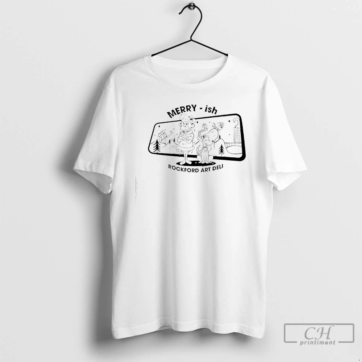 Premium Rockford Art Deli Merry Ish Holiday Monkey Dog Graphic T-Shirts, Hoodie, Sweatshirt | InkRitualCo.com