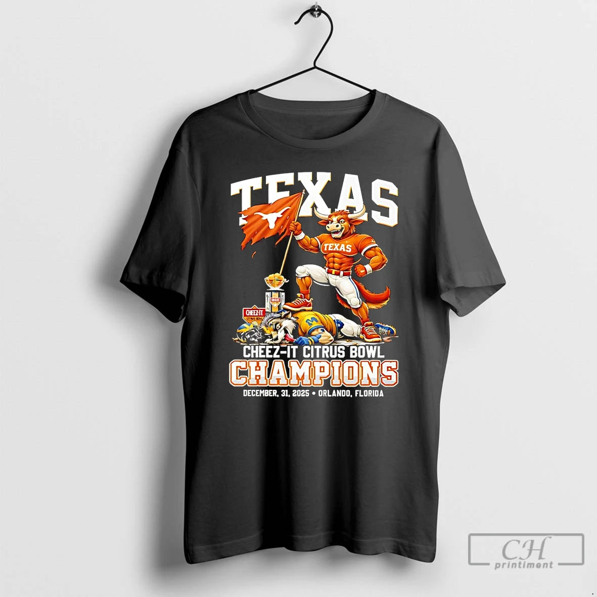 Premium Texas Longhorns Cheez It Citrus Bowl Champions 2025 Beat Michigan Score Mascot T Shirts Hoodie, Sweatshirt