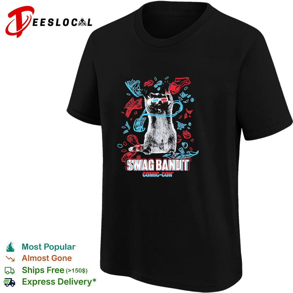 Raccoon wearing 3D glasses swag bandit comic con shirt